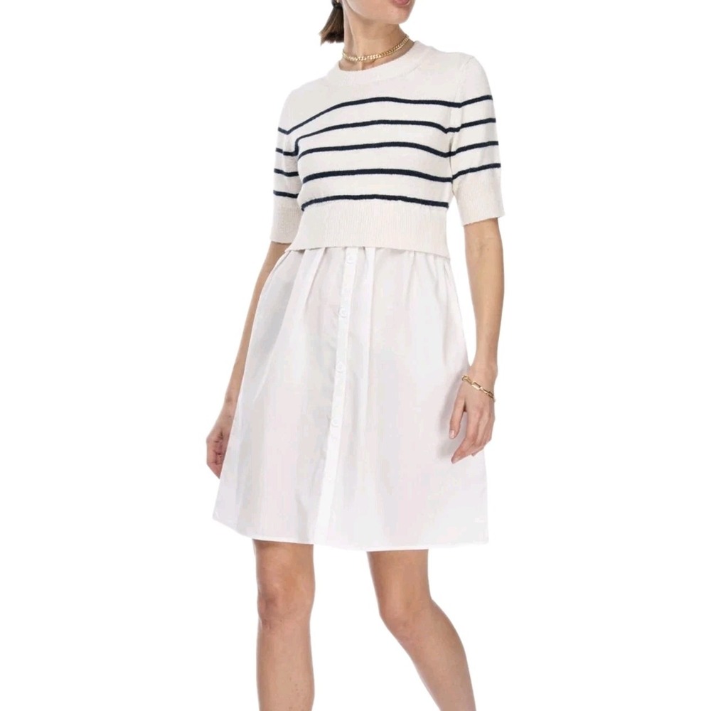 Bobeau SS Mixed Media Dress‎ Nordstrom Ivory Navy Stripe Knit Poplin Size M NWT